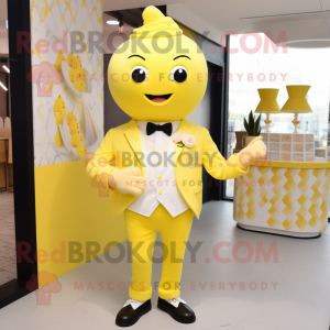 Lemon Yellow Ice Cream mascot costume character dressed with a Suit and Belts