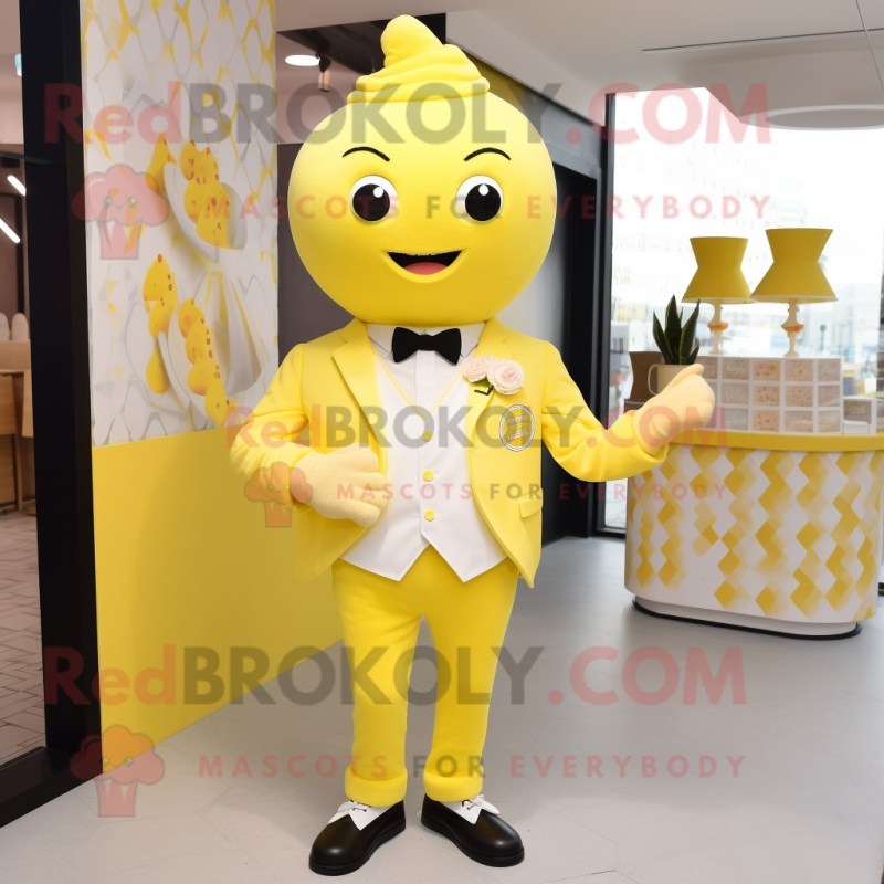 Lemon Yellow Ice Cream mascot costume character dressed with a Suit and Belts