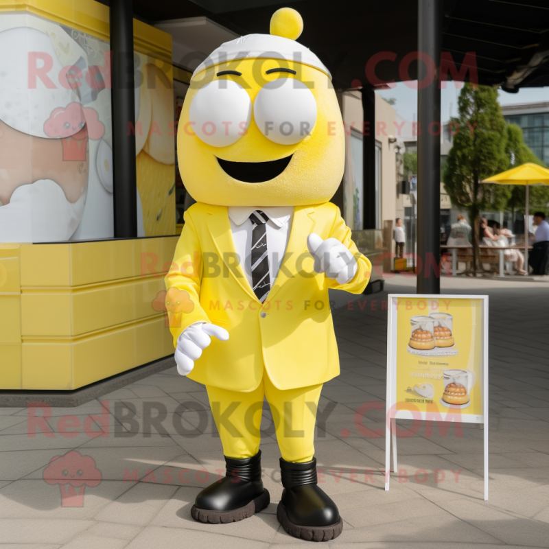 Lemon Yellow Ice Cream mascot costume character dressed with a Suit and Belts