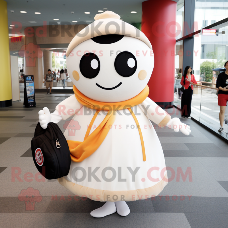 Cream Pho mascot costume character dressed with a Circle Skirt and Handbags