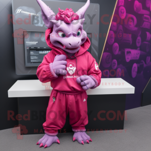 Magenta Gargoyle mascot costume character dressed with a Sweatshirt and Lapel pins