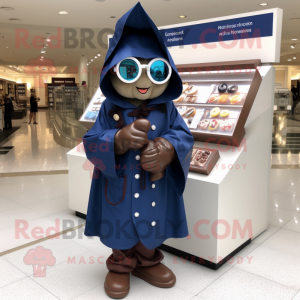 Navy Chocolates mascot costume character dressed with a Raincoat and Reading glasses