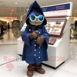 Navy Chocolates mascot costume character dressed with a Raincoat and Reading glasses