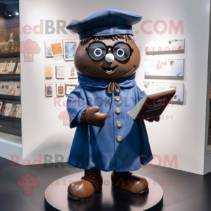 Navy Chocolates mascot costume character dressed with a Raincoat and Reading glasses