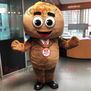 Brown Bagels mascot costume character dressed with a Suit and Keychains