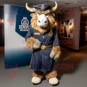 Navy Bison mascot costume character dressed with a Henley Tee and Lapel pins