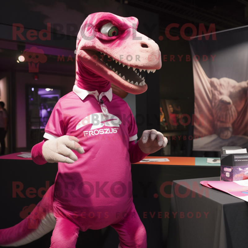 Magenta Velociraptor mascot costume character dressed with a T-Shirt and  Messenger bags - Mascot Costumes -  Sizes L (175-180CM)