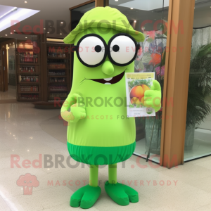 Lime Green Shakshuka mascot costume character dressed with a Dress Pants and Reading glasses