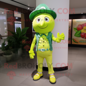 Lime Green Lemon mascot costume character dressed with a Skinny Jeans and Berets