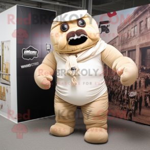 Beige Strongman mascot costume character dressed with a Romper and Scarves