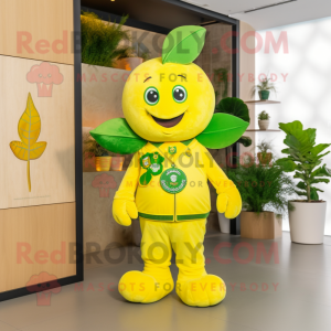Lemon Yellow Four Leaf Clover mascot costume character dressed with a T-Shirt and Brooches