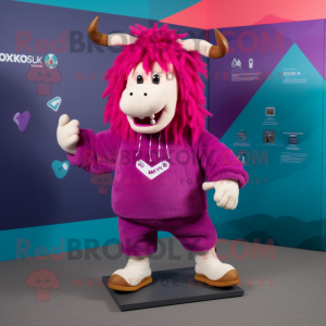 Magenta Yak mascot costume character dressed with a Sweatshirt and Shoe clips