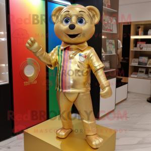 Gold Rainbow mascot costume character dressed with a Henley Shirt and Belts