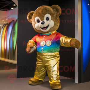 Gold Rainbow mascot costume character dressed with a Henley Shirt and Belts