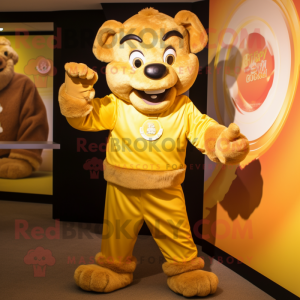 Gold Rainbow mascot costume character dressed with a Henley Shirt and Belts