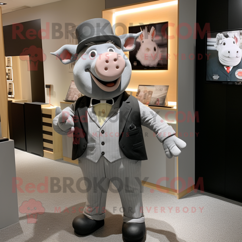 Gray Sow mascot costume character dressed with a Suit and Ties