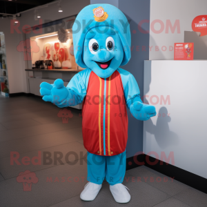 Sky Blue Tikka Masala mascot costume character dressed with a Jacket and Beanies
