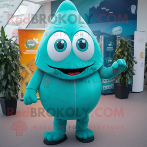 Turquoise Shakshuka mascot costume character dressed with a Trousers and Brooches