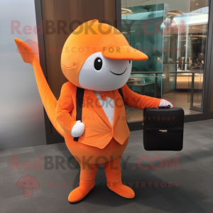 Orange Narwhal mascot costume character dressed with a Suit and Wallets