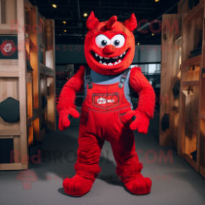 Red Demon mascot costume character dressed with a Dungarees and Belts