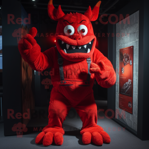 Red Demon mascot costume character dressed with a Dungarees and Belts