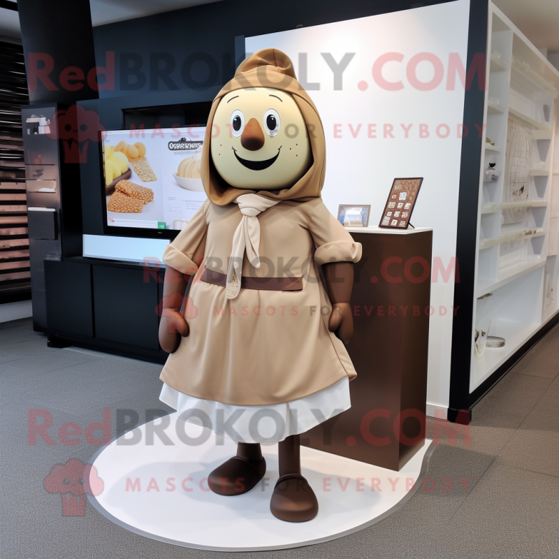 Tan Chocolates mascot costume character dressed with a Wrap Dress and Lapel pins