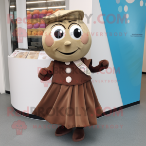 Tan Chocolates mascot costume character dressed with a Wrap Dress and Lapel pins