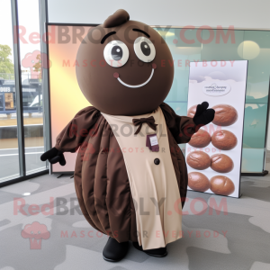 Tan Chocolates mascot costume character dressed with a Wrap Dress and Lapel pins