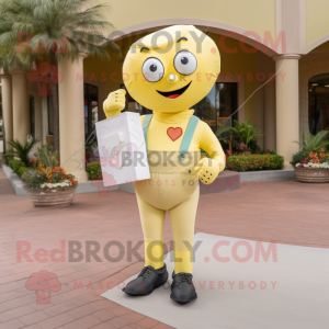 Lemon Yellow Love Letter mascot costume character dressed with a Cargo Pants and Suspenders