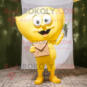 Lemon Yellow Love Letter mascot costume character dressed with a Cargo Pants and Suspenders