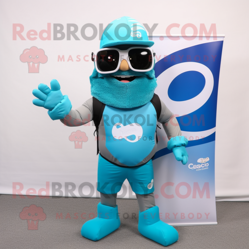 Cyan Commando mascot costume character dressed with a Board Shorts and Headbands