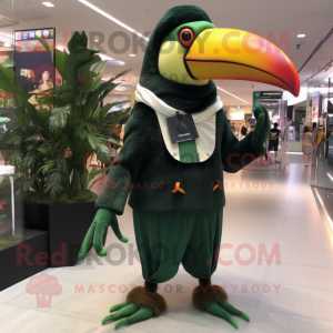 Forest Green Toucan mascot costume character dressed with a Jumpsuit and Scarves