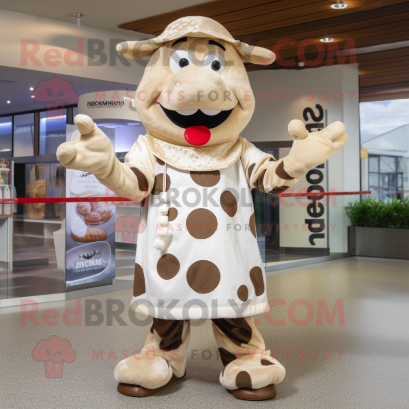 Cream Beef Stroganoff mascot costume character dressed with a Playsuit and Beanies