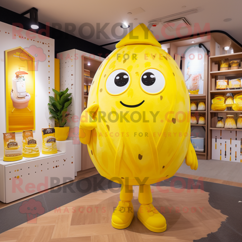 Lemon Yellow Lasagna mascot costume character dressed with a Playsuit and Handbags