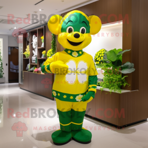 Yellow Four Leaf Clover mascot costume character dressed with a Rash Guard and Headbands