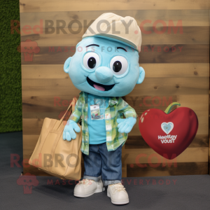 Turquoise Heart mascot costume character dressed with a Chambray Shirt and Tote bags