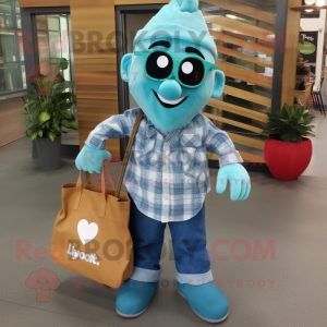 Turquoise Heart mascot costume character dressed with a Chambray Shirt and Tote bags