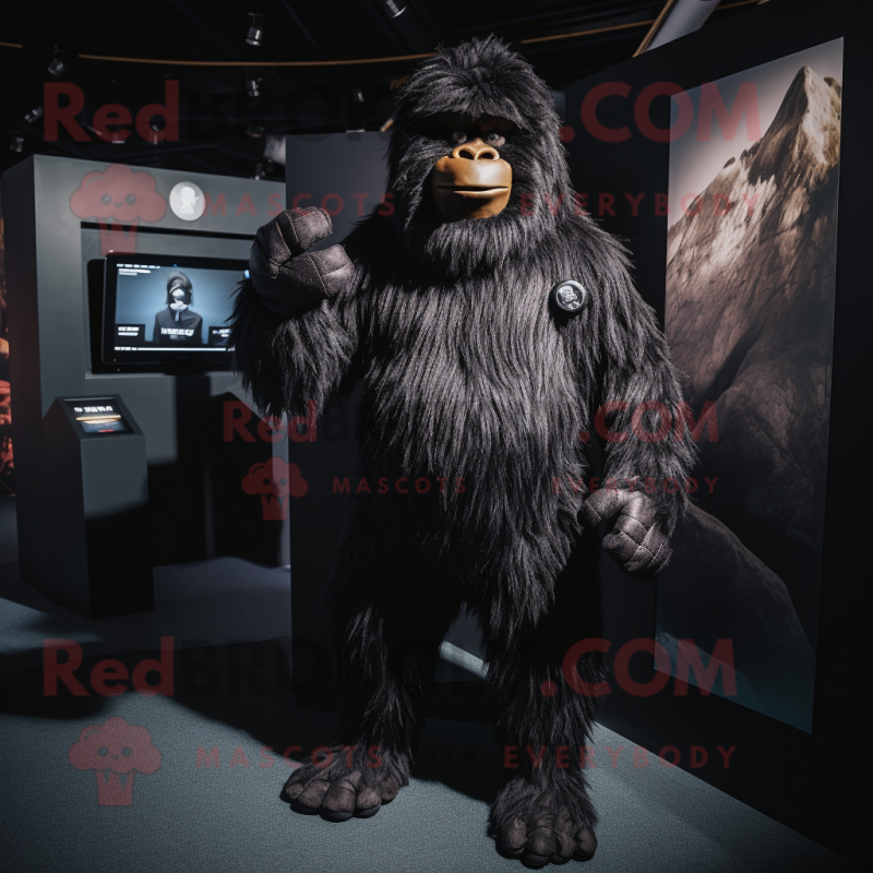 Black Sasquatch mascot costume character dressed with a Jacket and Foot pads