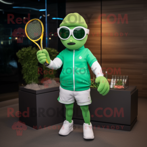 Green Tennis Racket mascot costume character dressed with a Sweatshirt and Sunglasses