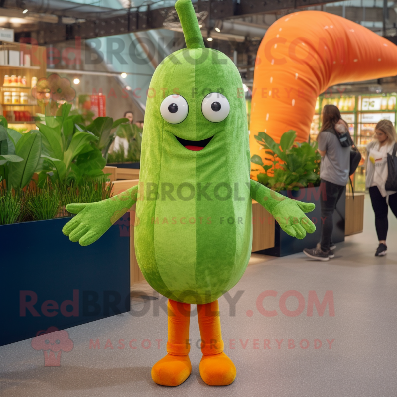 Lime Green Carrot mascot costume character dressed with a Denim Shirt and Clutch bags