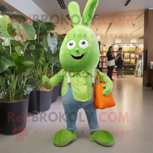 Lime Green Carrot mascot costume character dressed with a Denim Shirt and Clutch bags