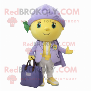 Lavender Lemon mascot costume character dressed with a Coat and Tote bags