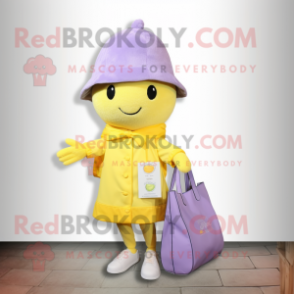 Lavender Lemon mascot costume character dressed with a Coat and Tote bags