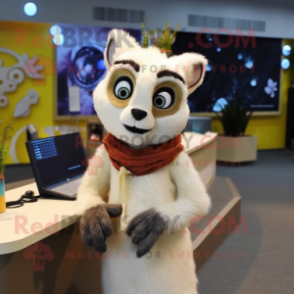 Cream Lemur mascot costume character dressed with a Pencil Skirt and Scarves