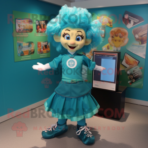 Teal Irish Dancer mascot costume character dressed with a T-Shirt and Hair clips