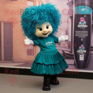 Teal Irish Dancer mascot costume character dressed with a T-Shirt and Hair clips