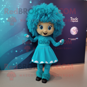 Teal Irish Dancer mascot costume character dressed with a T-Shirt and Hair clips