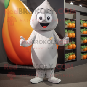 Silver Mango mascot costume character dressed with a T-Shirt and Beanies