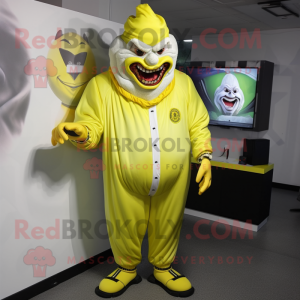 Lemon Yellow Evil Clown mascot costume character dressed with a Joggers and Wallets