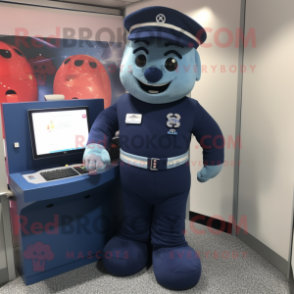 Navy Computer mascot costume character dressed with a Mom Jeans and Foot pads